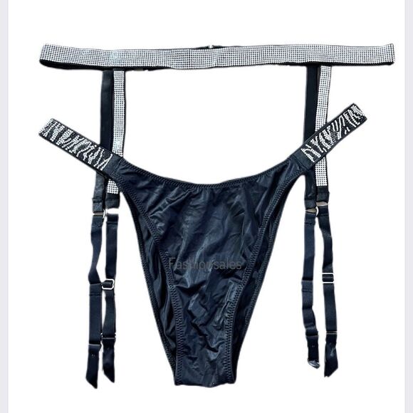 Victorias Secret Rhinestones Shine strap garter belt & panty set black zebra S - Picture 1 of 5